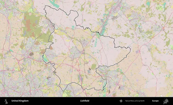 Lichfield 'da. Birleşik Krallık 'ın bir OpenStreetMap Standart biçim haritasında özetlenmiş idari alanı