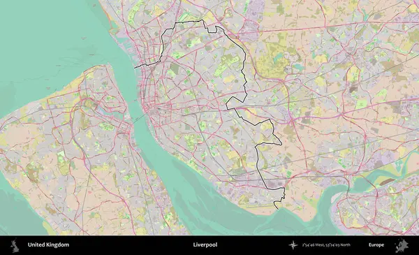 Liverpool 'da. Birleşik Krallık 'ın bir OpenStreetMap Standart biçim haritasında özetlenmiş idari alanı