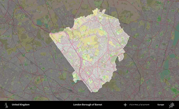 Londra Barnet İlçesi. Birleşik Krallık 'ın idari alanı koyu renk bir OpenStreetMap Standart Haritası üzerine vurgulanmış ve özetlenmiştir
