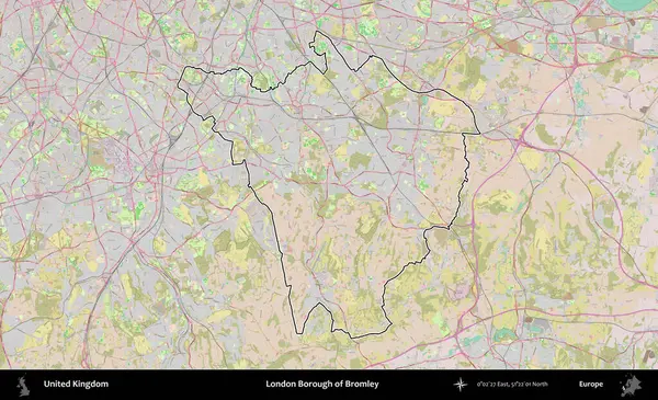 Bromley 'in Londra ilçesi. Birleşik Krallık 'ın bir OpenStreetMap Standart biçim haritasında özetlenmiş idari alanı