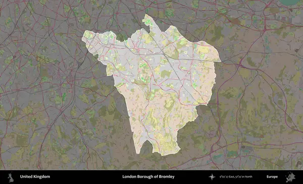 Bromley 'in Londra ilçesi. Birleşik Krallık 'ın idari alanı koyu renk bir OpenStreetMap Standart Haritası üzerine vurgulanmış ve özetlenmiştir