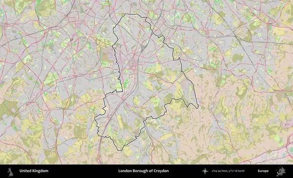 Croydon 'un Londra ilçesi. Birleşik Krallık 'ın bir OpenStreetMap Standart biçim haritasında özetlenmiş idari alanı