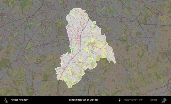 Croydon 'un Londra ilçesi. Birleşik Krallık 'ın idari alanı koyu renk bir OpenStreetMap Standart Haritası üzerine vurgulanmış ve özetlenmiştir