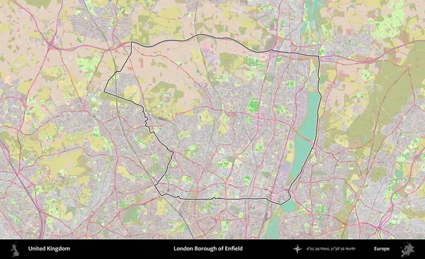 Londra Enfield İlçesi. Birleşik Krallık 'ın bir OpenStreetMap Standart biçim haritasında özetlenmiş idari alanı
