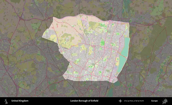 Londra Enfield İlçesi. Birleşik Krallık 'ın idari alanı koyu renk bir OpenStreetMap Standart Haritası üzerine vurgulanmış ve özetlenmiştir