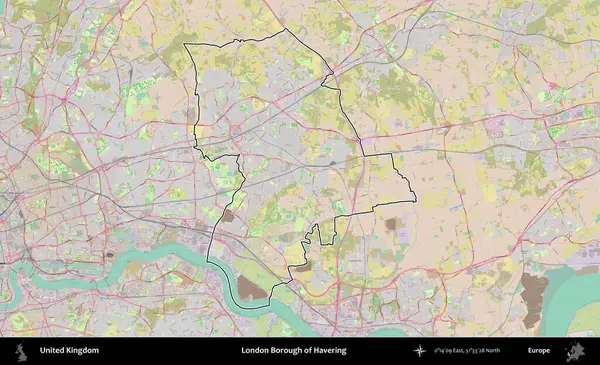 Londra Havering İlçesi. Birleşik Krallık 'ın bir OpenStreetMap Standart biçim haritasında özetlenmiş idari alanı