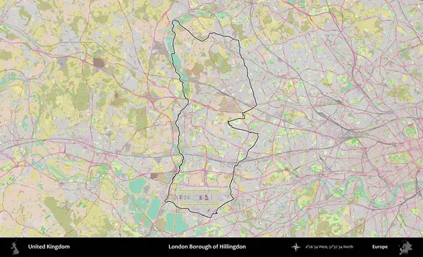 Londra Hillingdon İlçesi. Birleşik Krallık 'ın bir OpenStreetMap Standart biçim haritasında özetlenmiş idari alanı