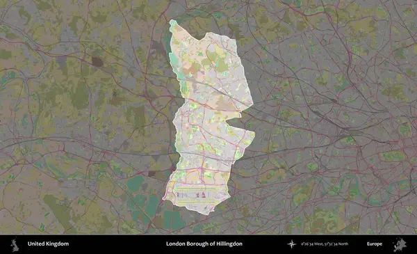 Londra Hillingdon İlçesi. Birleşik Krallık 'ın idari alanı koyu renk bir OpenStreetMap Standart Haritası üzerine vurgulanmış ve özetlenmiştir