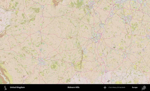 Malvern Tepeleri. OpenStreetMap Standart biçim haritasında Birleşik Krallık 'ın idari alanı