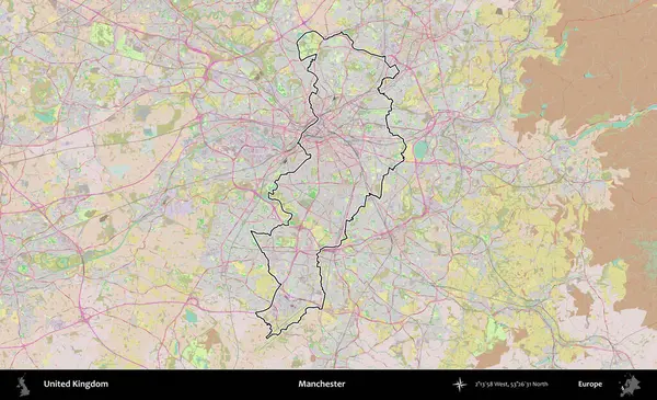 Manchester mı? Birleşik Krallık 'ın bir OpenStreetMap Standart biçim haritasında özetlenmiş idari alanı