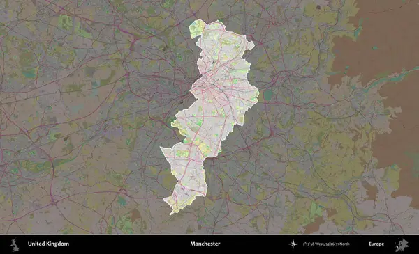 Manchester mı? Birleşik Krallık 'ın idari alanı koyu renk bir OpenStreetMap Standart Haritası üzerine vurgulanmış ve özetlenmiştir