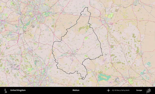 Melton. Birleşik Krallık 'ın bir OpenStreetMap Standart biçim haritasında özetlenmiş idari alanı