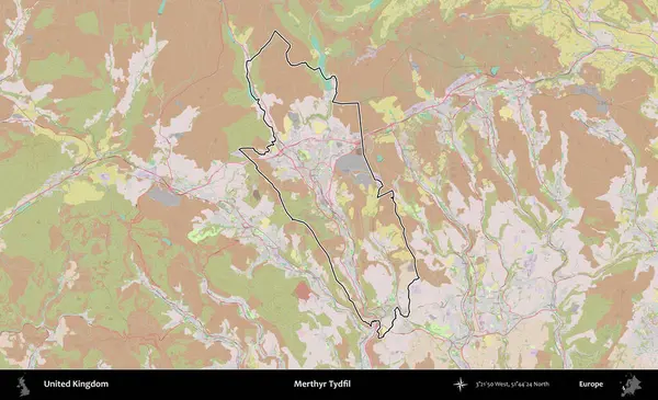 Merthyr Tydfil. Birleşik Krallık 'ın bir OpenStreetMap Standart biçim haritasında özetlenmiş idari alanı