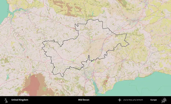 Devon 'ın ortası. Birleşik Krallık 'ın bir OpenStreetMap Standart biçim haritasında özetlenmiş idari alanı