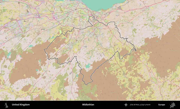 Midlothian. Birleşik Krallık 'ın bir OpenStreetMap Standart biçim haritasında özetlenmiş idari alanı