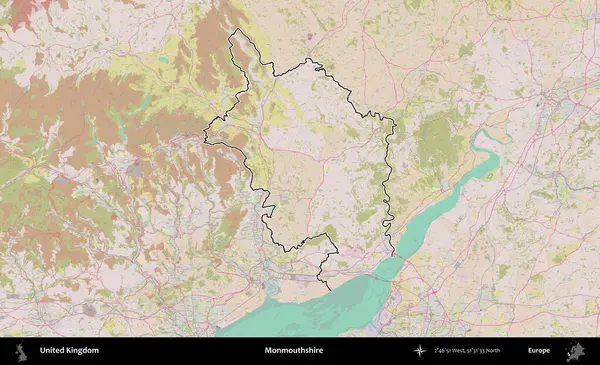 Monmouthshire 'da. Birleşik Krallık 'ın bir OpenStreetMap Standart biçim haritasında özetlenmiş idari alanı