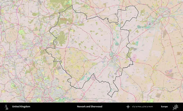 Newark ve Sherwood. Birleşik Krallık 'ın bir OpenStreetMap Standart biçim haritasında özetlenmiş idari alanı