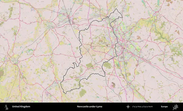 Adı Newcastle-under-Lyme. Birleşik Krallık 'ın bir OpenStreetMap Standart biçim haritasında özetlenmiş idari alanı