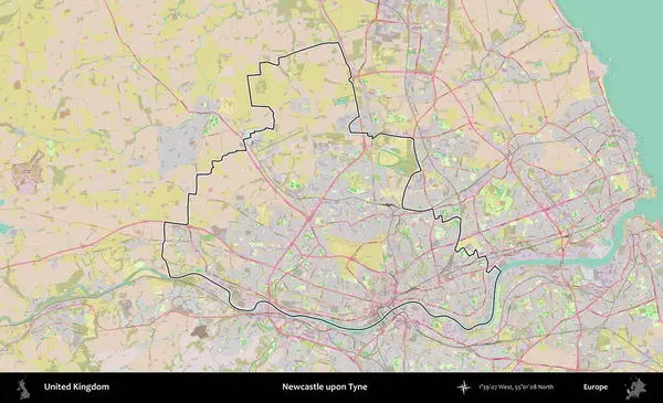 Newcastle Tyne 'da. Birleşik Krallık 'ın bir OpenStreetMap Standart biçim haritasında özetlenmiş idari alanı