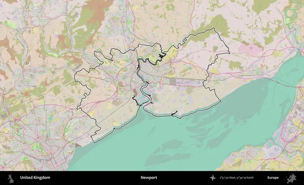 Newport. Birleşik Krallık 'ın bir OpenStreetMap Standart biçim haritasında özetlenmiş idari alanı