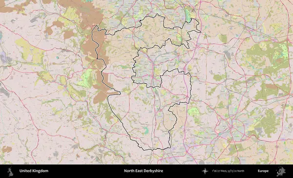 Kuzey Doğu Derbyshire. Birleşik Krallık 'ın bir OpenStreetMap Standart biçim haritasında özetlenmiş idari alanı