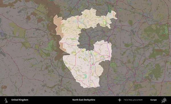 Kuzey Doğu Derbyshire. Birleşik Krallık 'ın idari alanı koyu renk bir OpenStreetMap Standart Haritası üzerine vurgulanmış ve özetlenmiştir