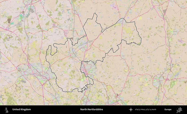 Kuzey Hertfordshire. Birleşik Krallık 'ın bir OpenStreetMap Standart biçim haritasında özetlenmiş idari alanı