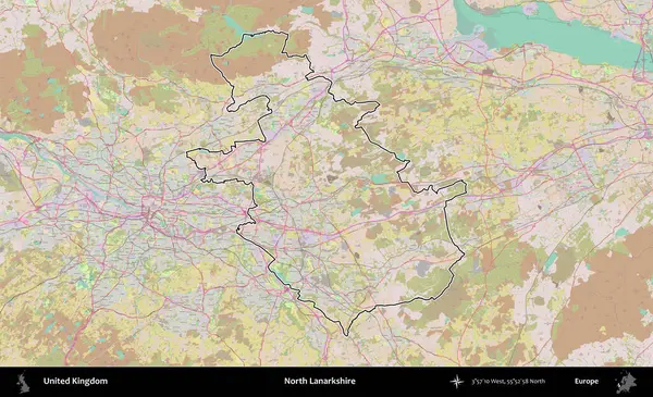 Kuzey Lanarkshire. Birleşik Krallık 'ın bir OpenStreetMap Standart biçim haritasında özetlenmiş idari alanı