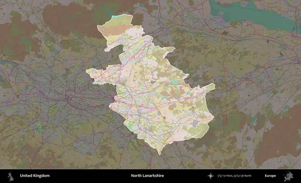 Kuzey Lanarkshire. Birleşik Krallık 'ın idari alanı koyu renk bir OpenStreetMap Standart Haritası üzerine vurgulanmış ve özetlenmiştir