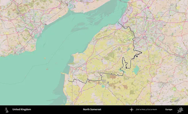 Kuzey Somerset. Birleşik Krallık 'ın bir OpenStreetMap Standart biçim haritasında özetlenmiş idari alanı