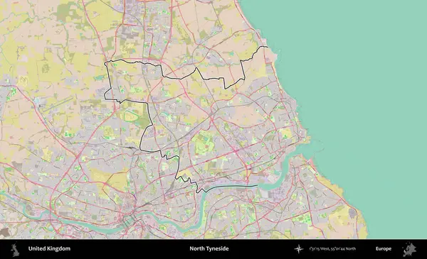 Kuzey Tyneside. Birleşik Krallık 'ın bir OpenStreetMap Standart biçim haritasında özetlenmiş idari alanı