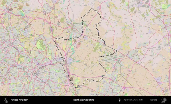 Kuzey Warwickshire. Birleşik Krallık 'ın bir OpenStreetMap Standart biçim haritasında özetlenmiş idari alanı