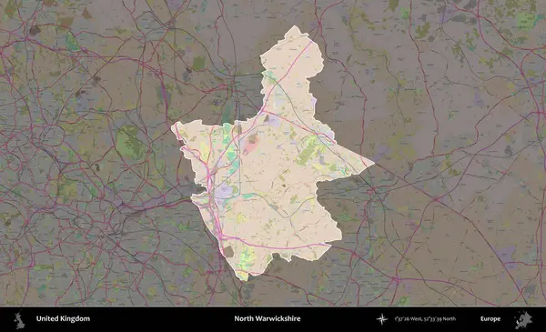 Kuzey Warwickshire. Birleşik Krallık 'ın idari alanı koyu renk bir OpenStreetMap Standart Haritası üzerine vurgulanmış ve özetlenmiştir