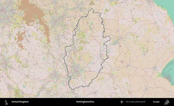Nottinghamshire 'da. Birleşik Krallık 'ın bir OpenStreetMap Standart biçim haritasında özetlenmiş idari alanı