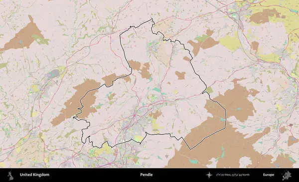 Pendle. Birleşik Krallık 'ın bir OpenStreetMap Standart biçim haritasında özetlenmiş idari alanı