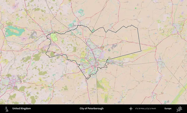 Peterborough şehri. Birleşik Krallık 'ın bir OpenStreetMap Standart biçim haritasında özetlenmiş idari alanı