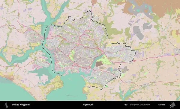 Plymouth. Birleşik Krallık 'ın bir OpenStreetMap Standart biçim haritasında özetlenmiş idari alanı