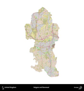 Reigate ve Banstead. Birleşik Krallık 'ın idari alanı OpenStreetMap Standart biçim haritasında beyazda izole edildi