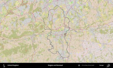 Reigate ve Banstead. Birleşik Krallık 'ın bir OpenStreetMap Standart biçim haritasında özetlenmiş idari alanı