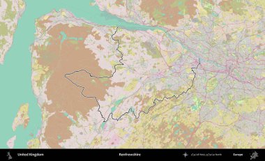 Renfrewshire 'da. Birleşik Krallık 'ın bir OpenStreetMap Standart biçim haritasında özetlenmiş idari alanı