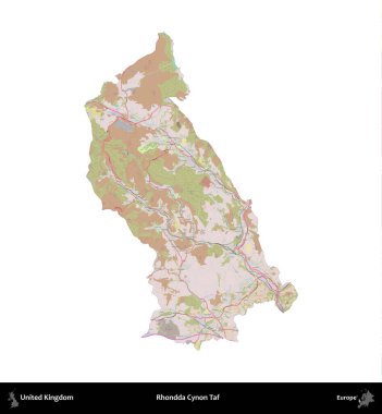 Rhondda Cynon Taf. Birleşik Krallık 'ın idari alanı OpenStreetMap Standart biçim haritasında beyazda izole edildi