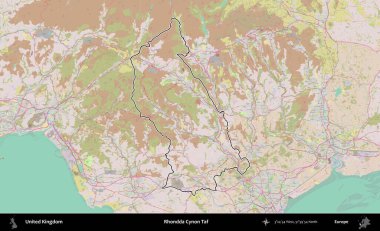 Rhondda Cynon Taf. Birleşik Krallık 'ın bir OpenStreetMap Standart biçim haritasında özetlenmiş idari alanı