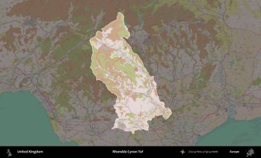 Rhondda Cynon Taf. Birleşik Krallık 'ın idari alanı koyu renk bir OpenStreetMap Standart Haritası üzerine vurgulanmış ve özetlenmiştir
