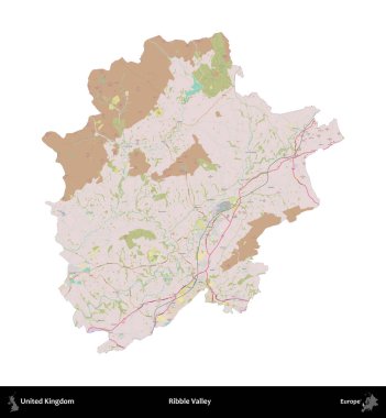 Ribble Vadisi. Birleşik Krallık 'ın idari alanı OpenStreetMap Standart biçim haritasında beyazda izole edildi