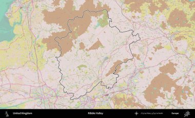 Ribble Vadisi. Birleşik Krallık 'ın bir OpenStreetMap Standart biçim haritasında özetlenmiş idari alanı