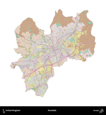 Rochdale 'de. Birleşik Krallık 'ın idari alanı OpenStreetMap Standart biçim haritasında beyazda izole edildi