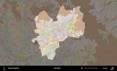 Rochdale 'de. Birleşik Krallık 'ın idari alanı koyu renk bir OpenStreetMap Standart Haritası üzerine vurgulanmış ve özetlenmiştir