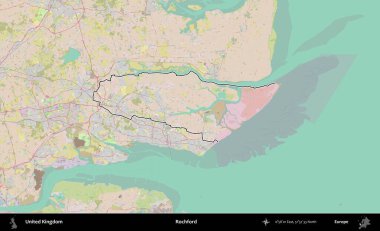 Rochford. Birleşik Krallık 'ın bir OpenStreetMap Standart biçim haritasında özetlenmiş idari alanı