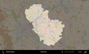 Rotherham. Birleşik Krallık 'ın idari alanı koyu renk bir OpenStreetMap Standart Haritası üzerine vurgulanmış ve özetlenmiştir