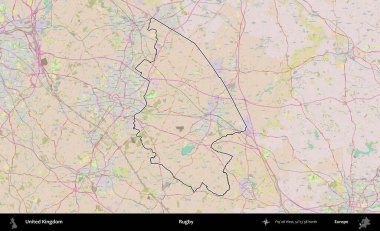 Ragbi. Birleşik Krallık 'ın bir OpenStreetMap Standart biçim haritasında özetlenmiş idari alanı